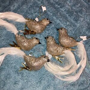 Sparkling Gold and White Bird Ornaments Feathers & Beads Set Of 5